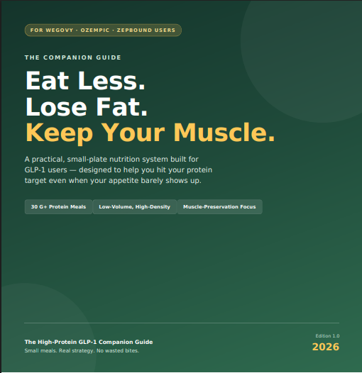 Eat Less. Lose Fat. Keep Muscle. A practical, small-plate nutrition system built for GLP-1 users — designed to help you hit your protein target even when your appetite barely shows up. - Instant PDF Download
