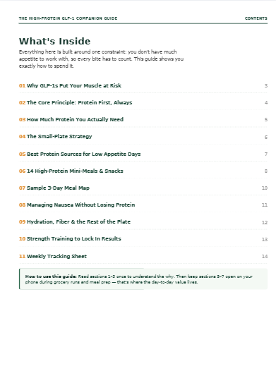 Eat Less. Lose Fat. Keep Muscle. A practical, small-plate nutrition system built for GLP-1 users — designed to help you hit your protein target even when your appetite barely shows up. - Instant PDF Download